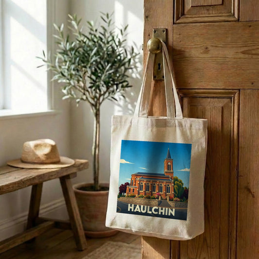 Tote bag souvenir de la ville de Haulchin avec une illustration stylisée de son église.