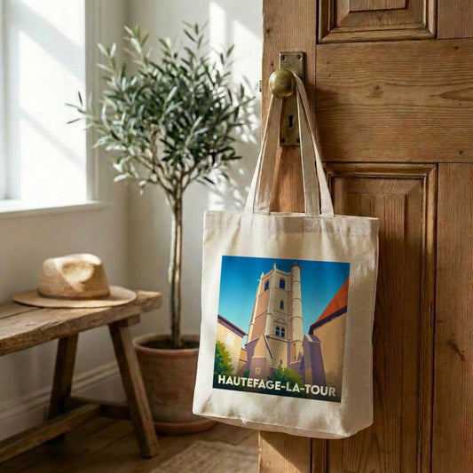 Tote bag souvenir de la ville de Hautefage-la-Tour avec une illustration stylisée de son clocher.