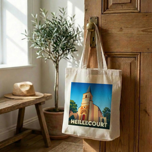 Tote bag souvenir de la ville de Heillecourt avec une illustration stylisée de son église.