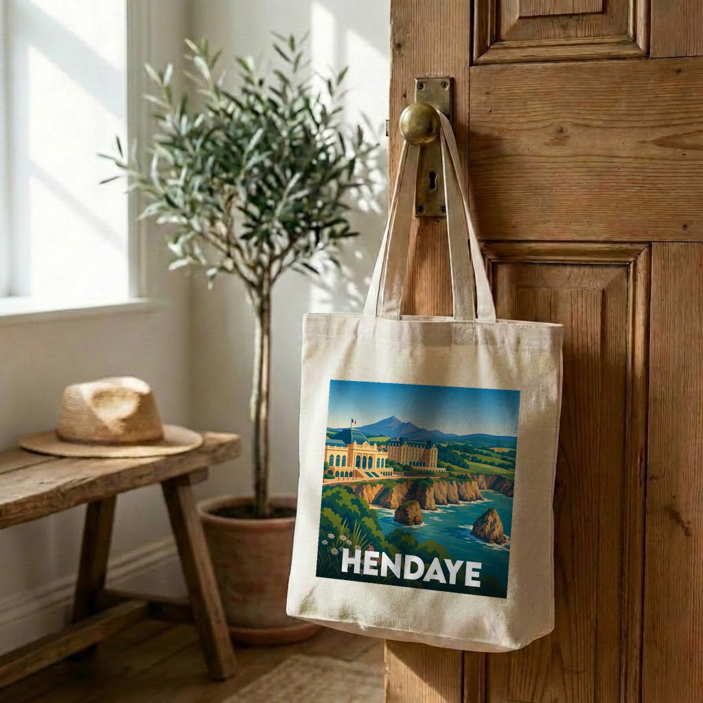 Tote bag souvenir de la ville de Hendaye avec une illustration stylisée.
