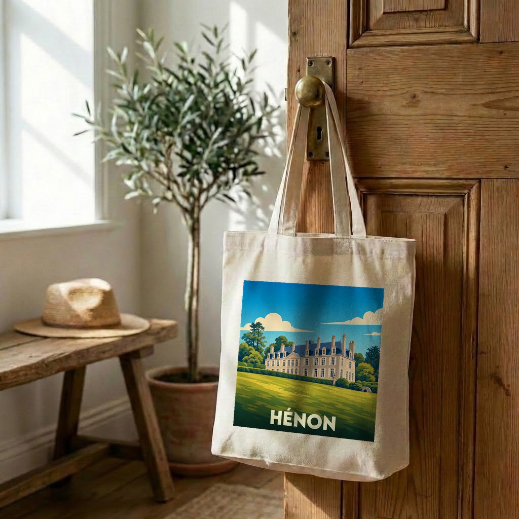 Tote bag souvenir de la ville de Hénon avec une illustration stylisée.