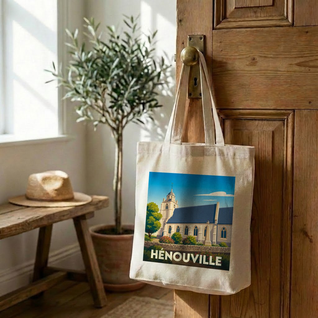 Tote bag souvenir de la ville de Hénouville avec une illustration stylisée de son église.
