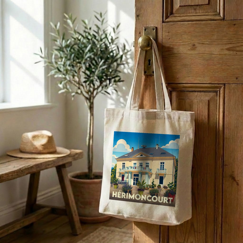 Tote bag souvenir de la ville de Hérimoncourt avec une illustration stylisée.