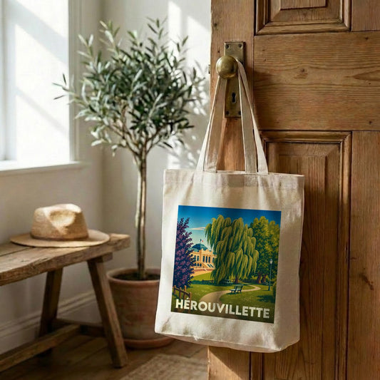 Tote bag souvenir de la ville de Hérouvillette avec une illustration stylisée.