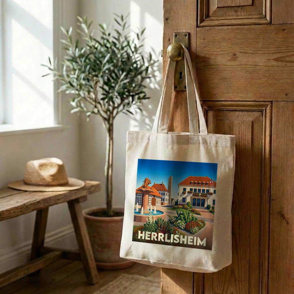 Tote bag souvenir de la ville de Herrlisheim avec une illustration stylisée.