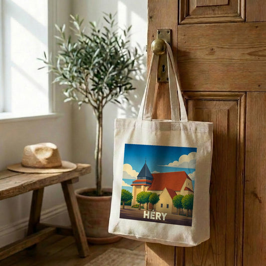 Tote bag souvenir de la ville de Héry avec une illustration stylisée de son église.