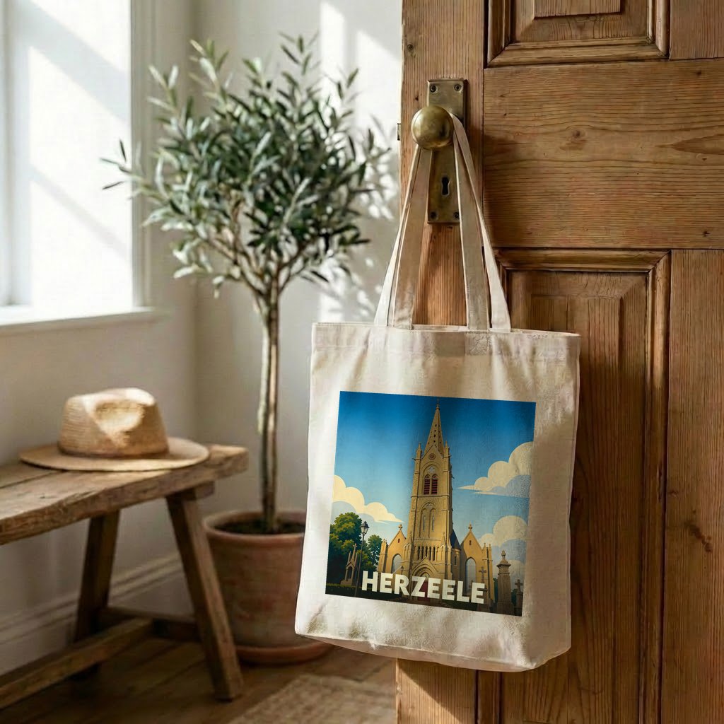 Tote bag souvenir de la ville de Herzeele avec une illustration stylisée de son église.