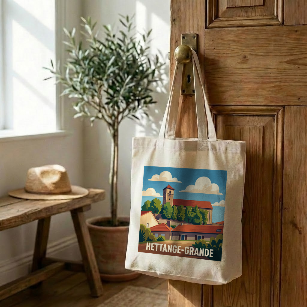 Tote bag souvenir de la ville de Hettange-Grande avec une illustration stylisée.