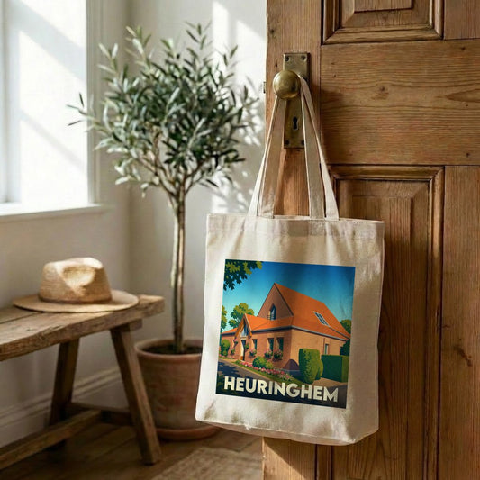 Tote bag souvenir de la ville de Heuringhem avec une illustration stylisée.