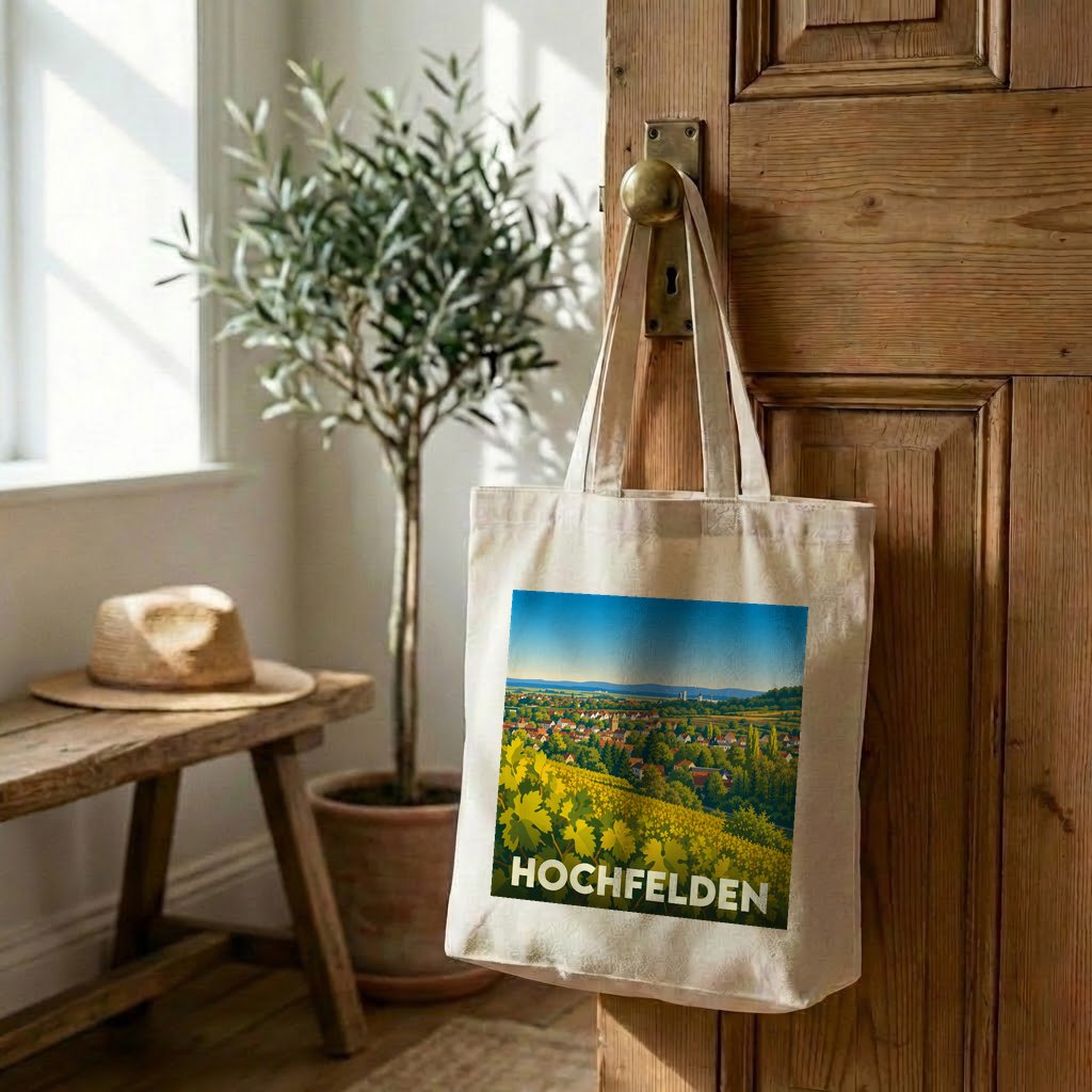 Sac cabas souvenir de la ville de Hochfelden avec une illustration stylisée de paysages alsaciens.