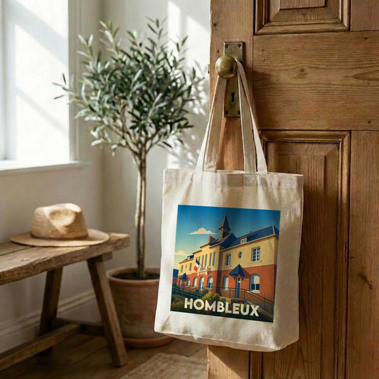 Tote bag souvenir de la ville de Hombleux avec une illustration stylisée de sa mairie.