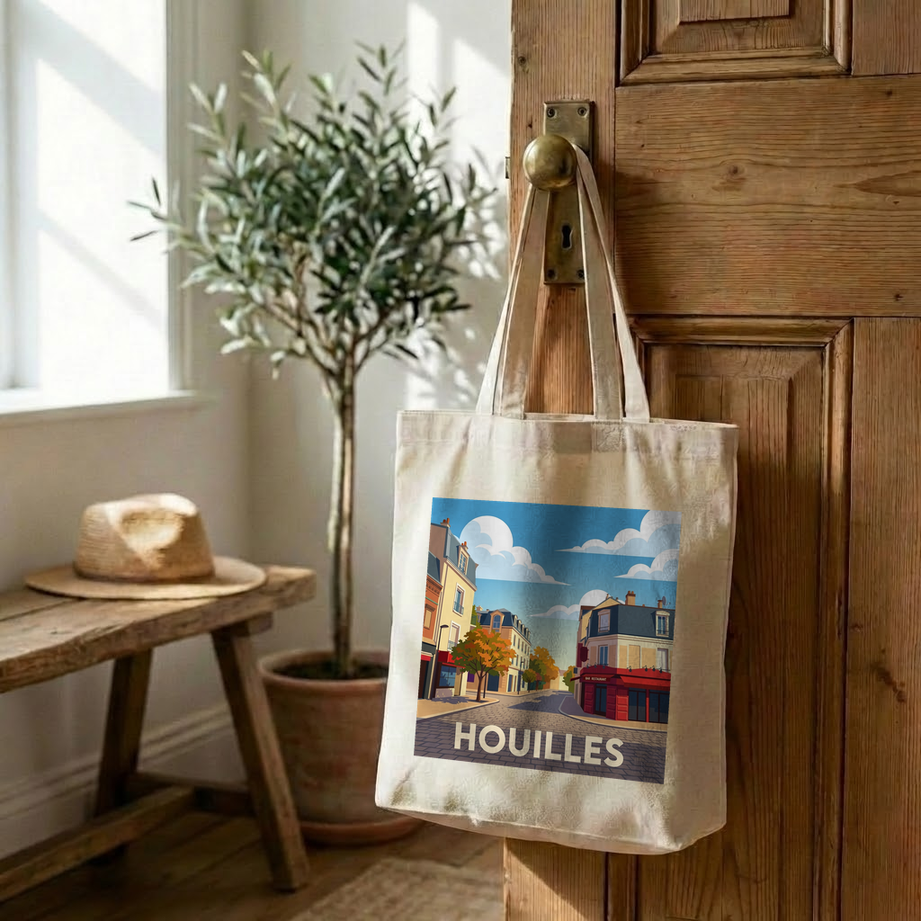 Tote bag souvenir de la ville de Houilles avec une illustration stylisée.