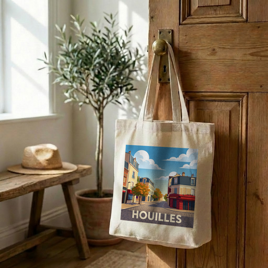 Tote bag souvenir de la ville de Houilles avec une illustration stylisée.