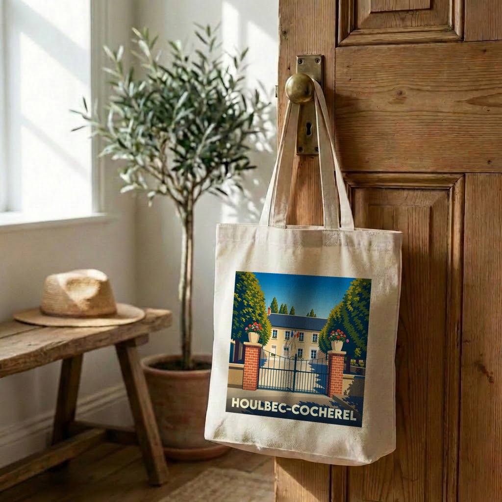 Tote bag souvenir de la ville de Houlbec-Cocherel avec une illustration stylisée.