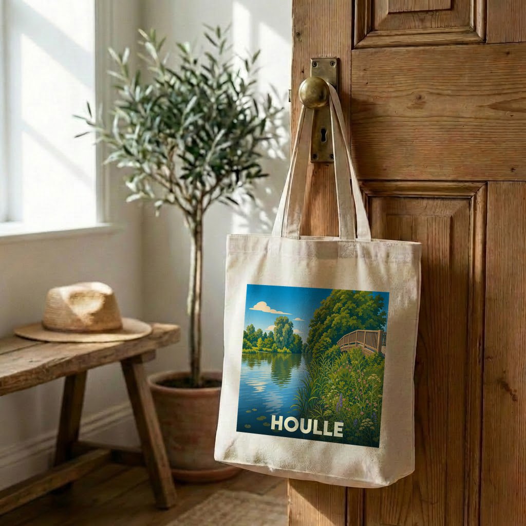 Tote bag souvenir de la ville de Houlle avec une illustration stylisée d'un paysage naturel.