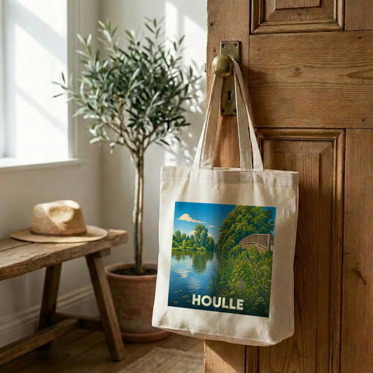 Tote bag souvenir de la ville de Houlle avec une illustration stylisée d'un paysage naturel.