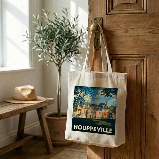 Sac cabas souvenir de la ville de Houppeville avec une illustration stylisée d'un manoir.
