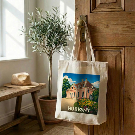Tote bag souvenir de la ville de Hurigny avec une illustration stylisée.