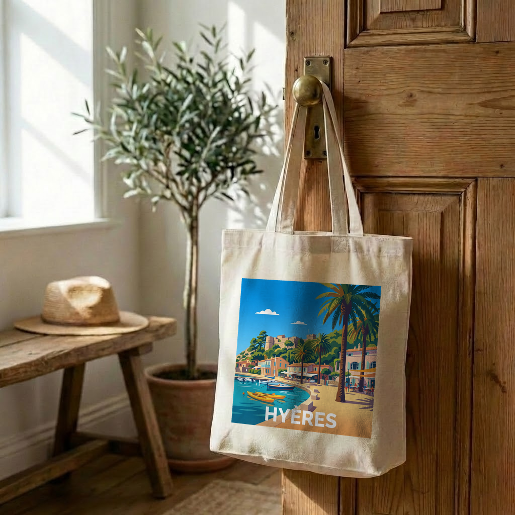 Tote bag souvenir de la ville de Hyères avec une illustration stylisée.
