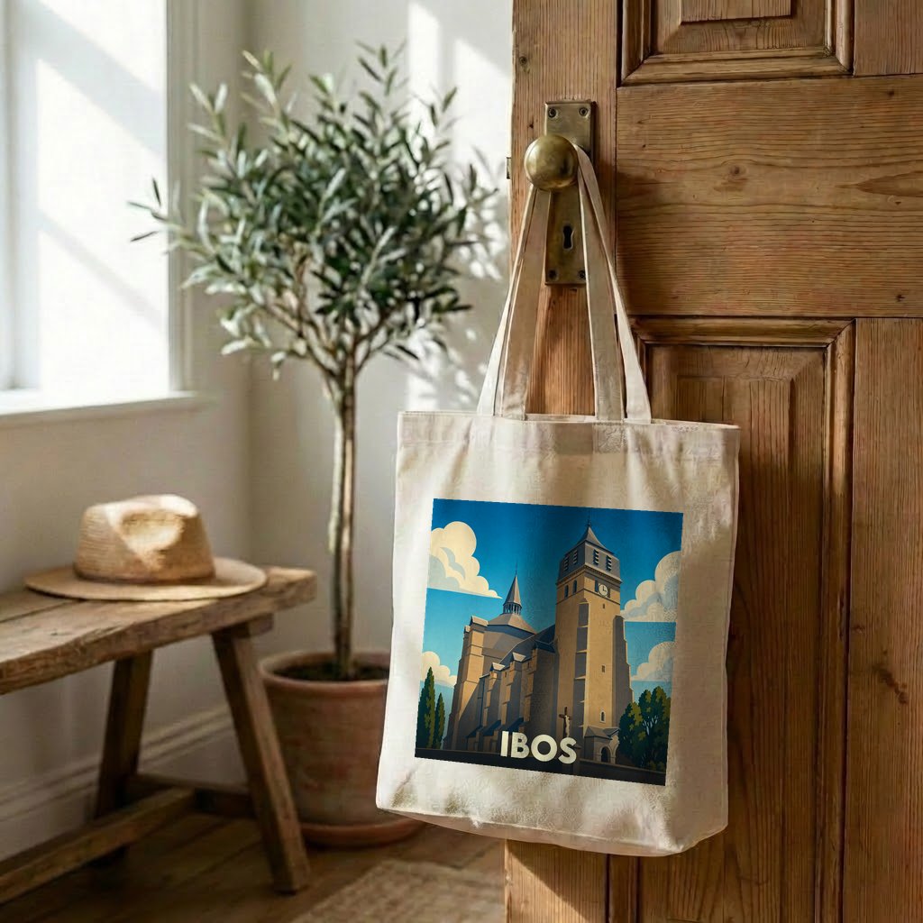 Tote bag souvenir de la ville d'Ibos avec une illustration stylisée de son église collégiale.