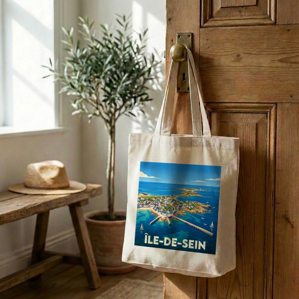 Tote bag souvenir de l'Île-de-Sein orné d'une illustration stylisée du littoral et du village.
