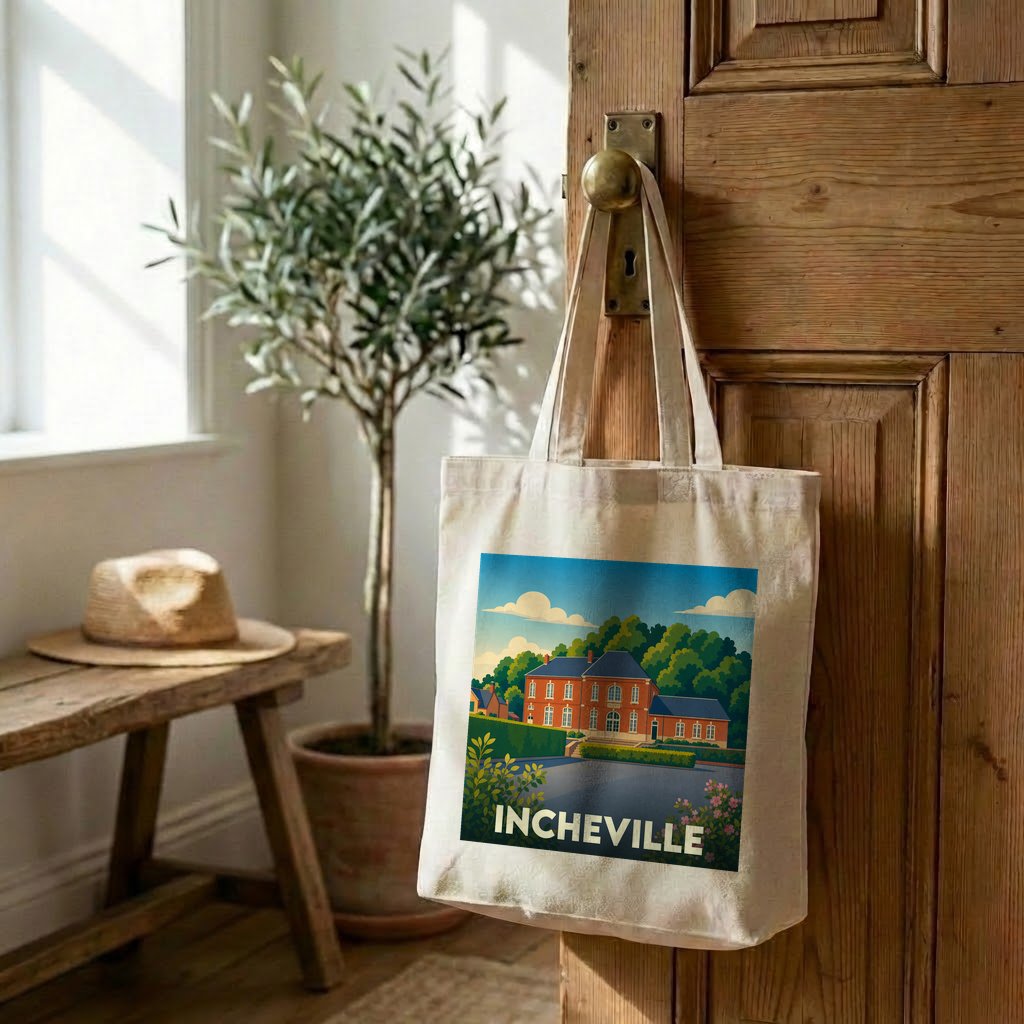 Tote bag souvenir de la ville de Incheville avec une illustration stylisée d'un manoir en briques.