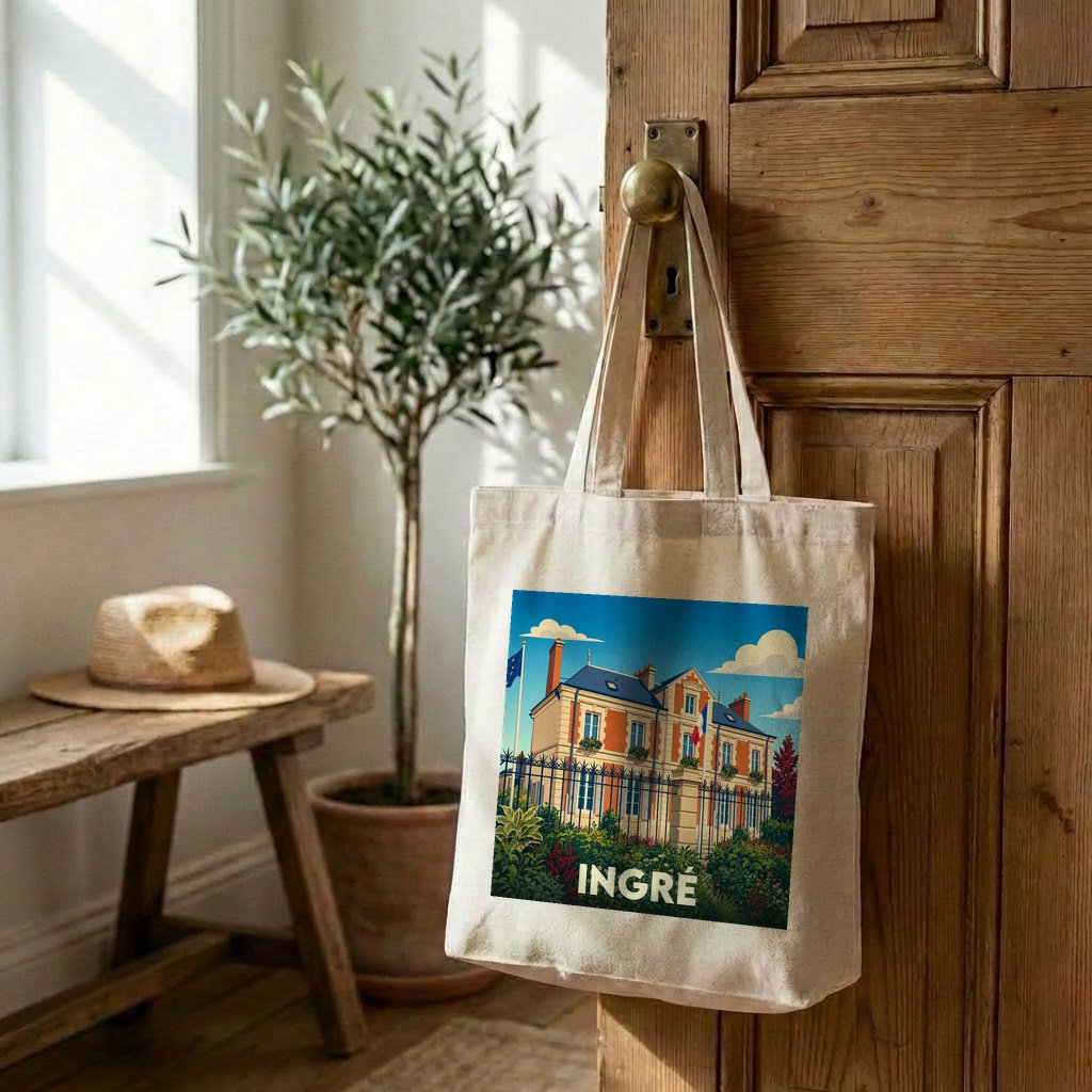 Tote bag souvenir de la ville d'Ingré avec une illustration stylisée d'une maison de maître.