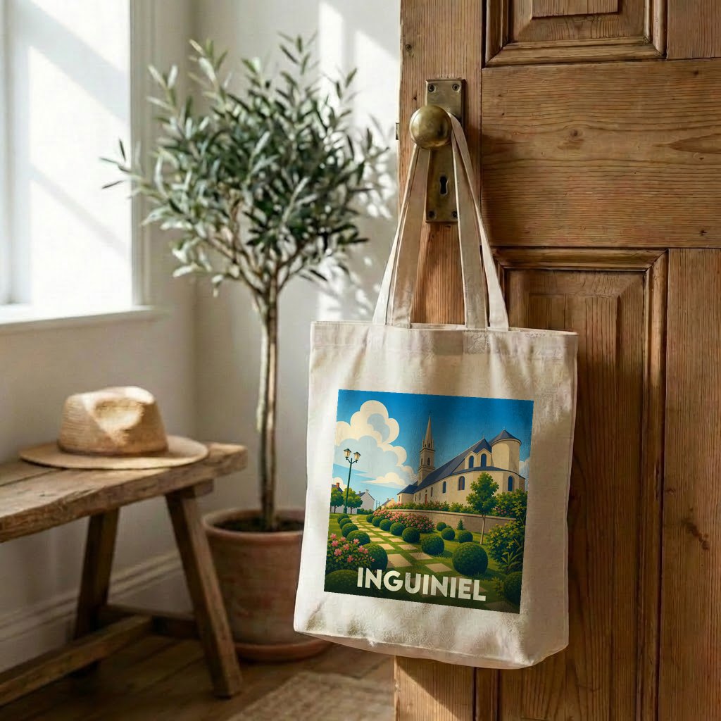 Tote bag souvenir de la ville d'Inguiniel avec une illustration stylisée.