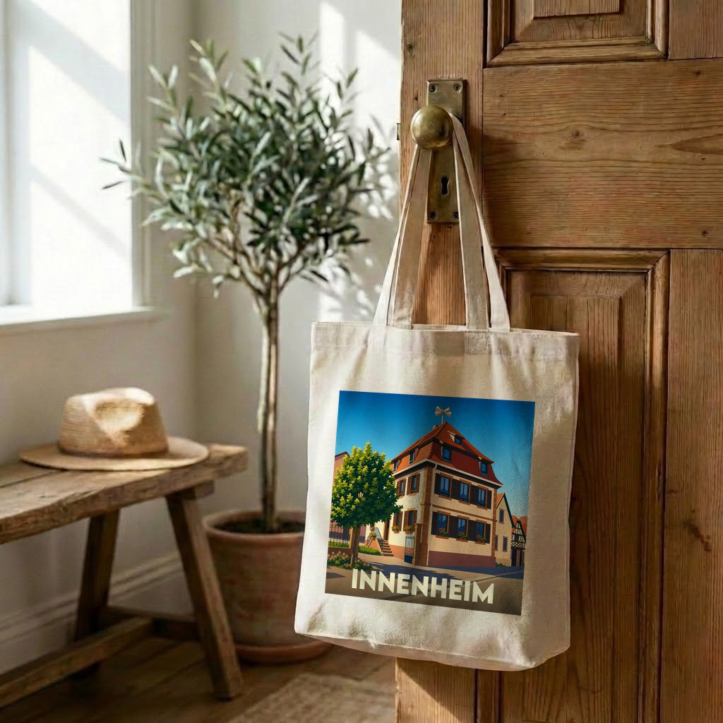 Tote bag souvenir de la ville d'Innenheim orné d'une illustration stylisée de sa mairie.