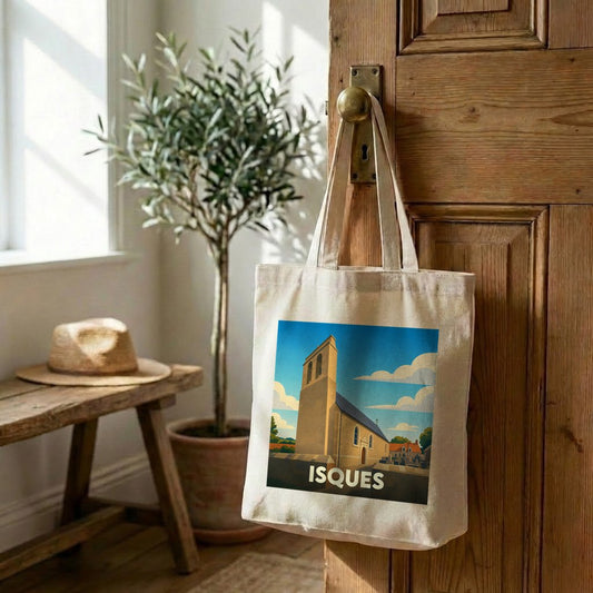 Tote bag souvenir de la ville d'Isques avec une illustration stylisée de son église.