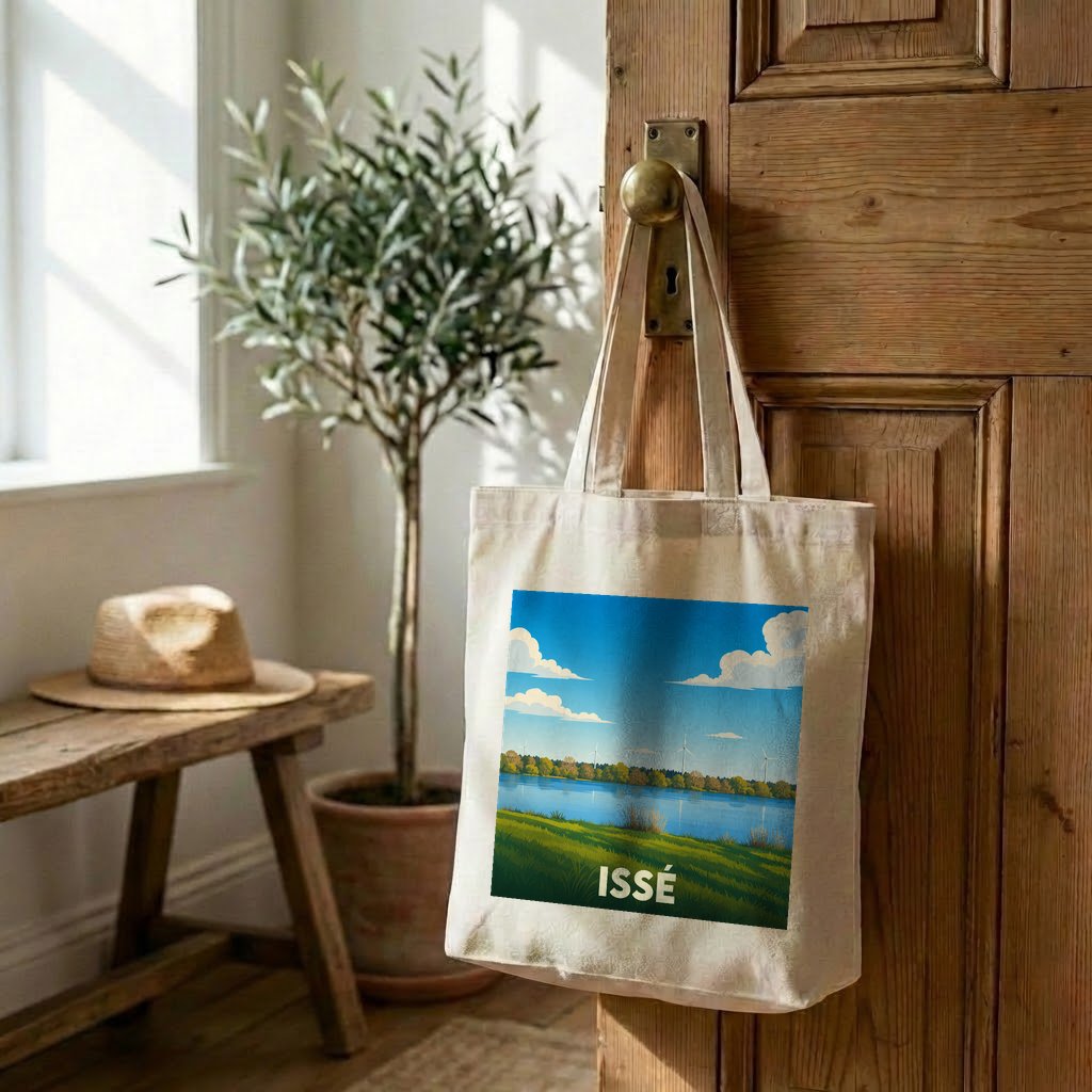 Tote bag souvenir de la ville d'Issé avec une illustration stylisée de paysage.