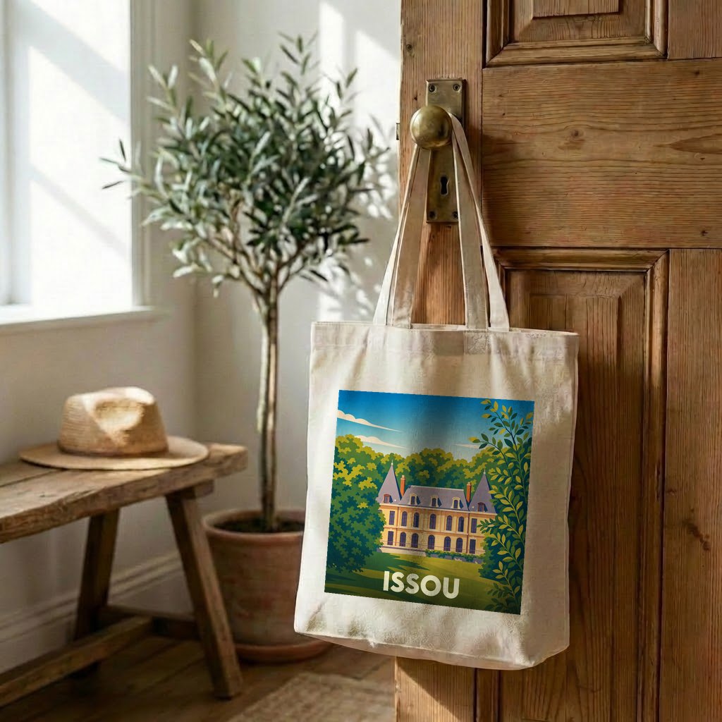 Tote bag souvenir de la ville d'Issou avec une illustration stylisée de son château.