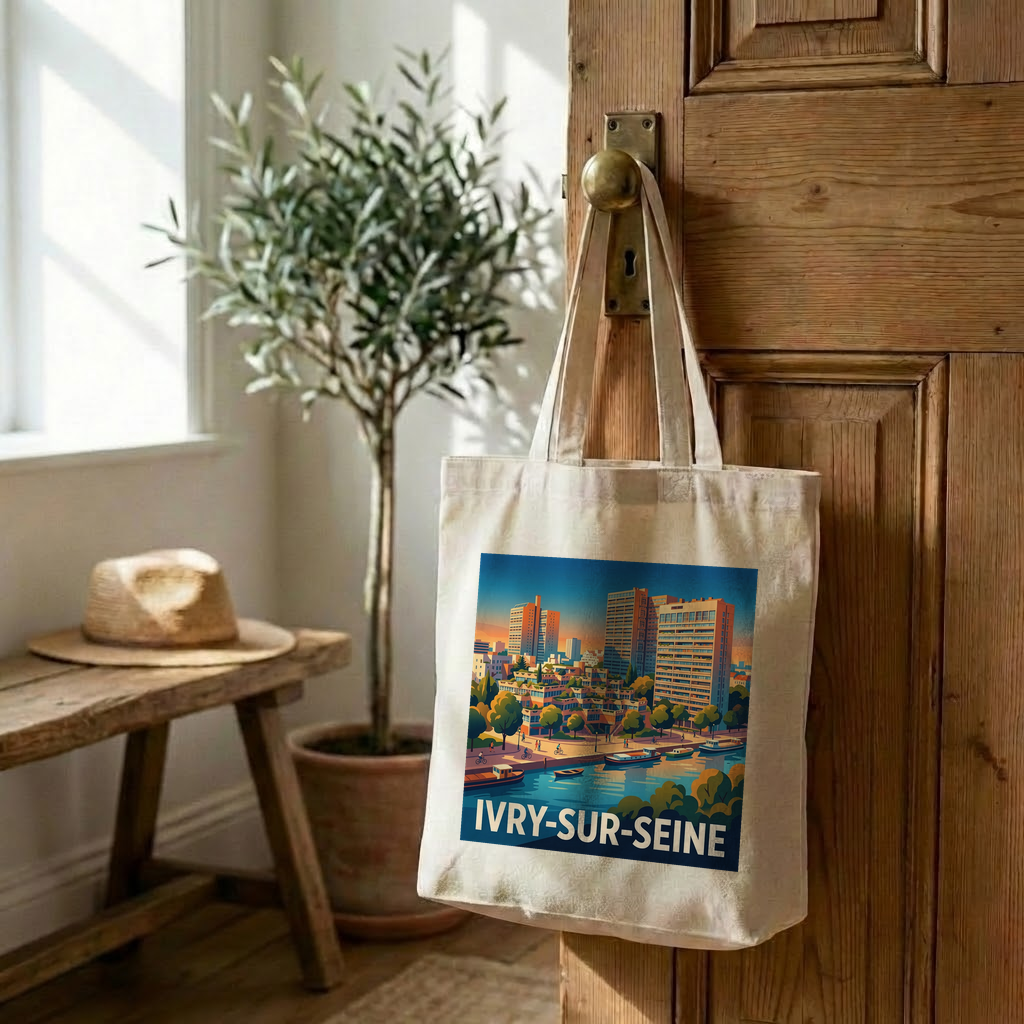 Tote bag souvenir de la ville d'Ivry-sur-Seine avec une illustration urbaine stylisée.