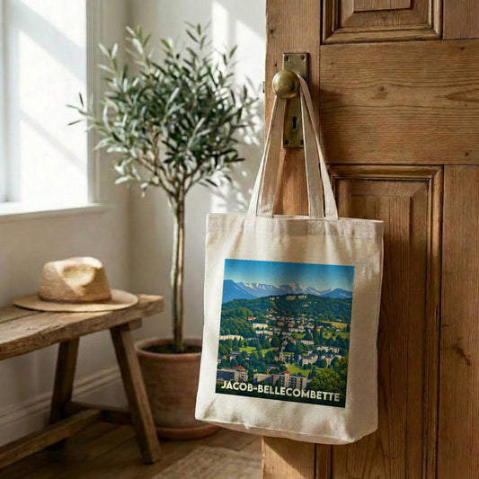 Tote bag souvenir de la ville de Jacob-Bellecombette avec une illustration stylisée.