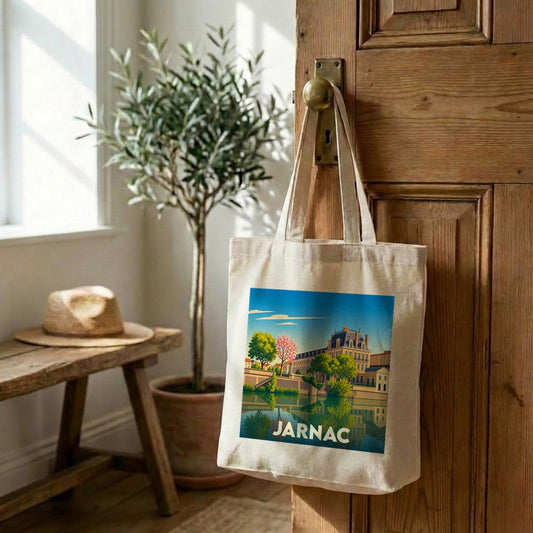 Tote bag souvenir de la ville de Jarnac avec une illustration stylisée.