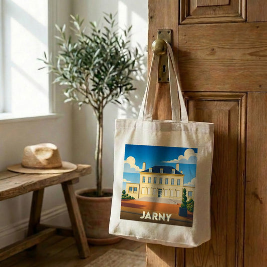Tote bag souvenir de la ville de Jarny avec une illustration stylisée d'un bâtiment remarquable.