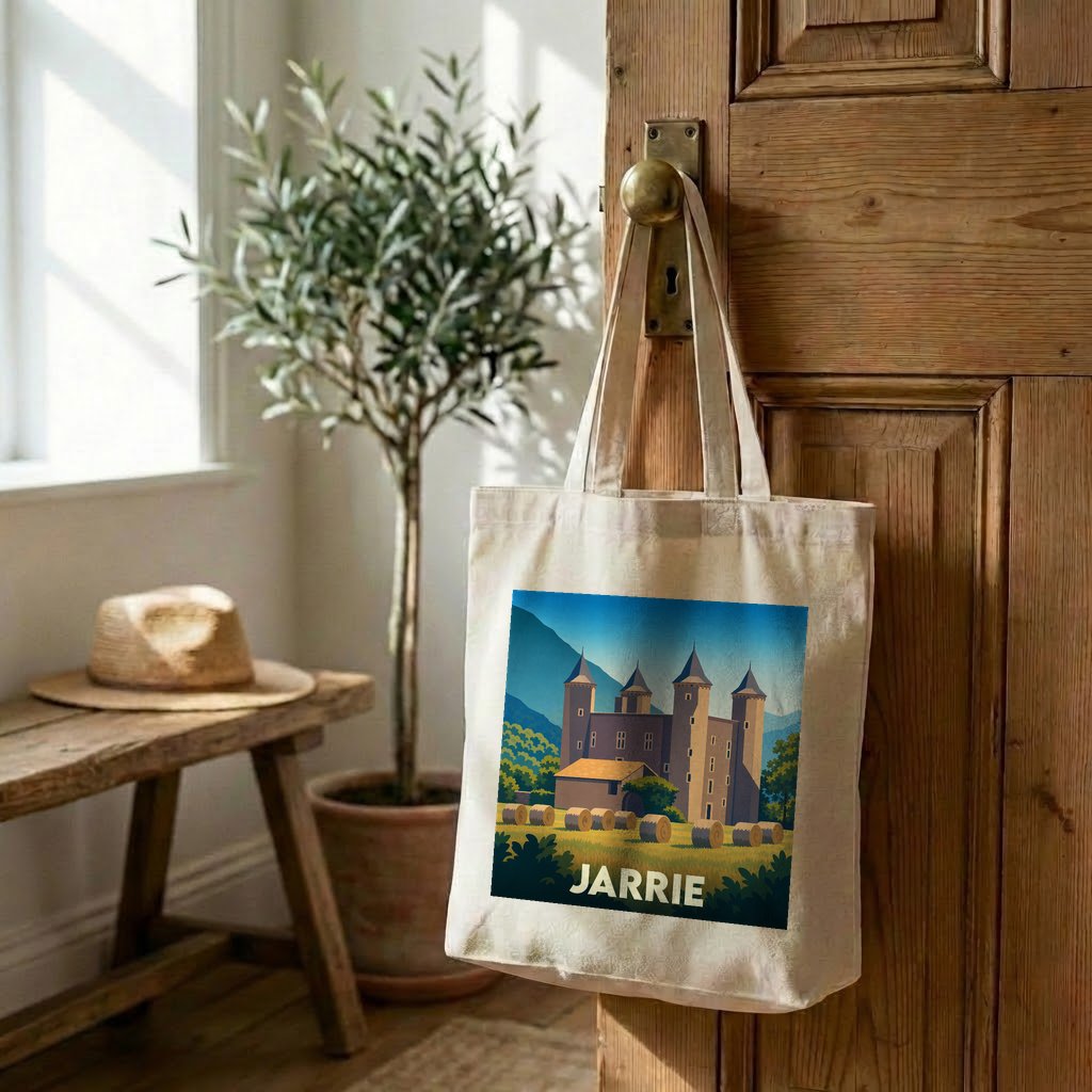 Tote bag souvenir de la ville de Jarrie avec une illustration stylisée de son château.