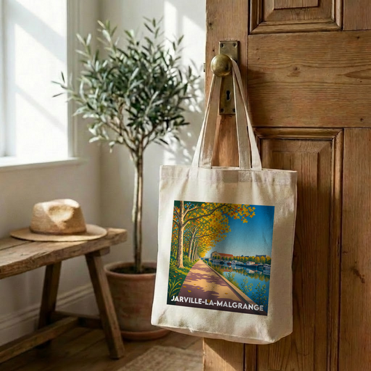 Tote bag souvenir de la ville de Jarville-la-Malgrange avec une illustration stylisée de son canal en automne.