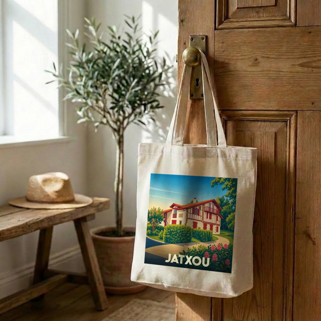 Tote bag souvenir de la ville de Jatxou avec une illustration stylisée d'une maison basque.