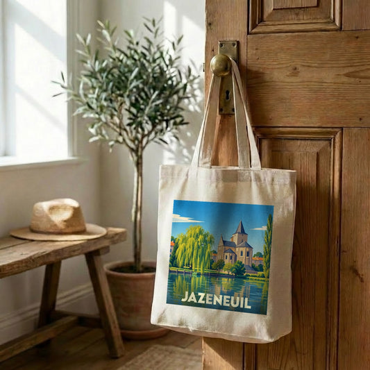 Tote bag souvenir de la ville de Jazeneuil avec une illustration stylisée.