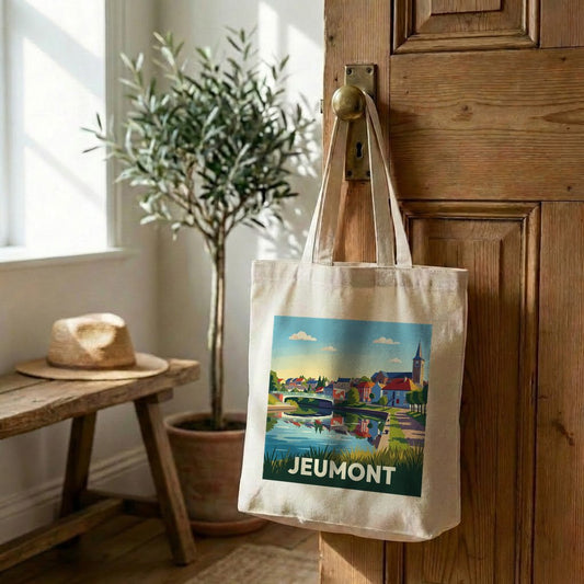 Tote bag souvenir de la ville de Jeumont avec une illustration stylisée.