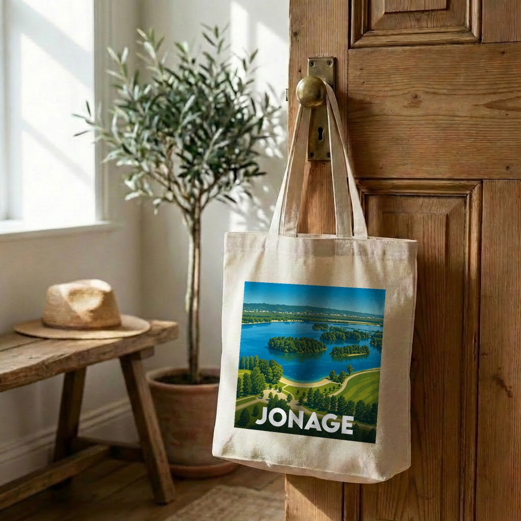 Tote bag souvenir de la ville de Jonage avec une illustration stylisée d'un paysage lacustre.