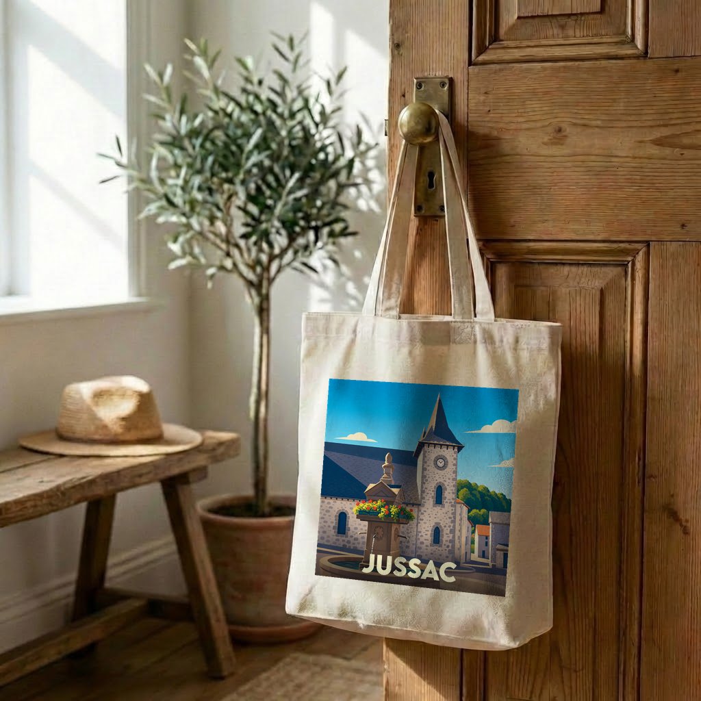 Tote bag souvenir de la ville de Jussac avec une illustration stylisée de son église et d'une fontaine.