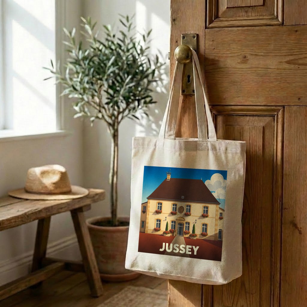 Tote bag souvenir de la ville de Jussey avec une illustration stylisée.