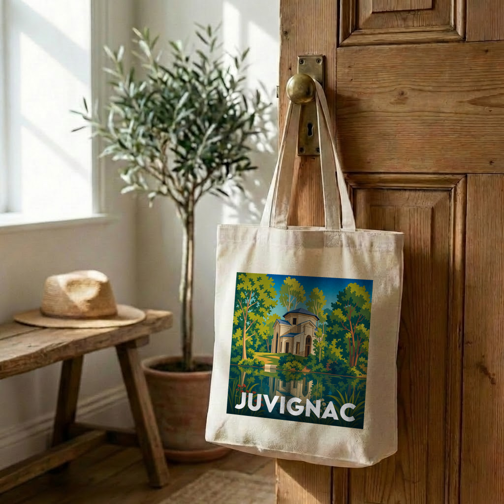 Tote bag souvenir de la ville de Juvignac avec une illustration stylisée.