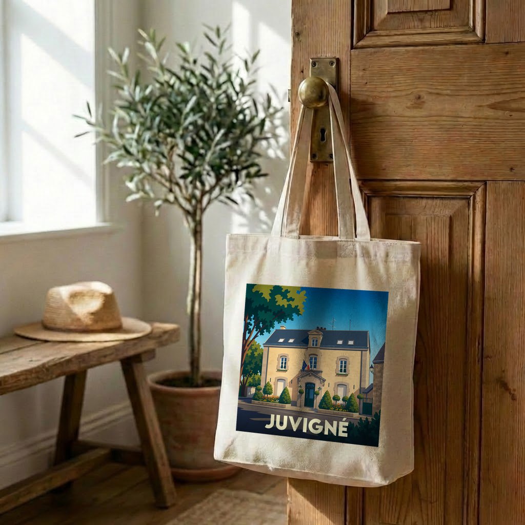 Tote bag souvenir de la ville de Juvigné avec une illustration stylisée.