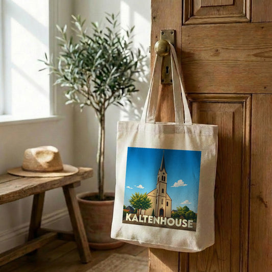 Tote bag souvenir de la ville de Kaltenhouse avec une illustration stylisée d'une église.