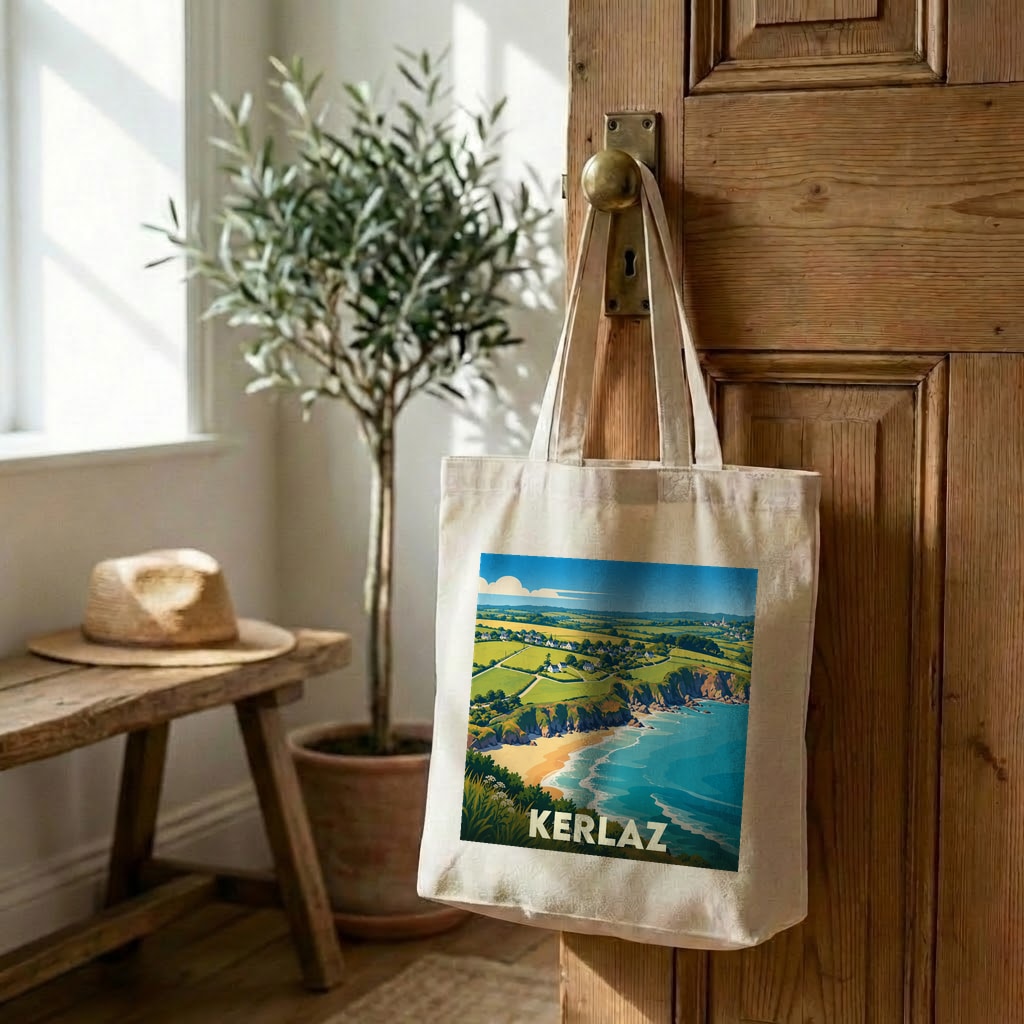 Tote bag souvenir de la ville de Kerlaz avec une illustration stylisée de son littoral.