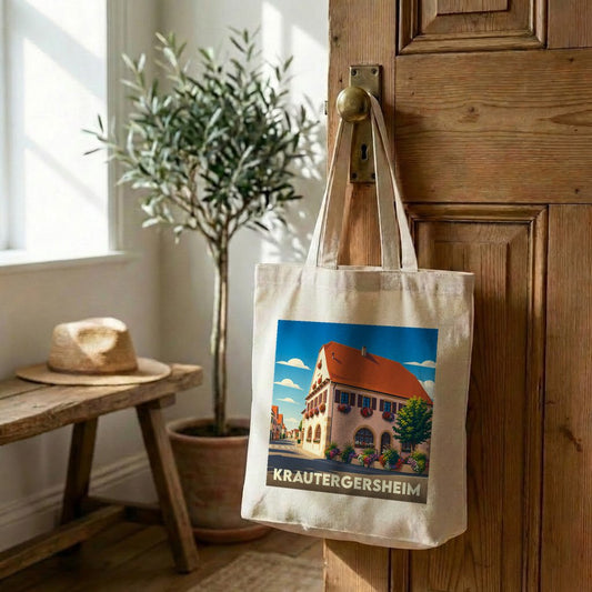 Tote bag souvenir de la ville de Krautergersheim avec une illustration stylisée.