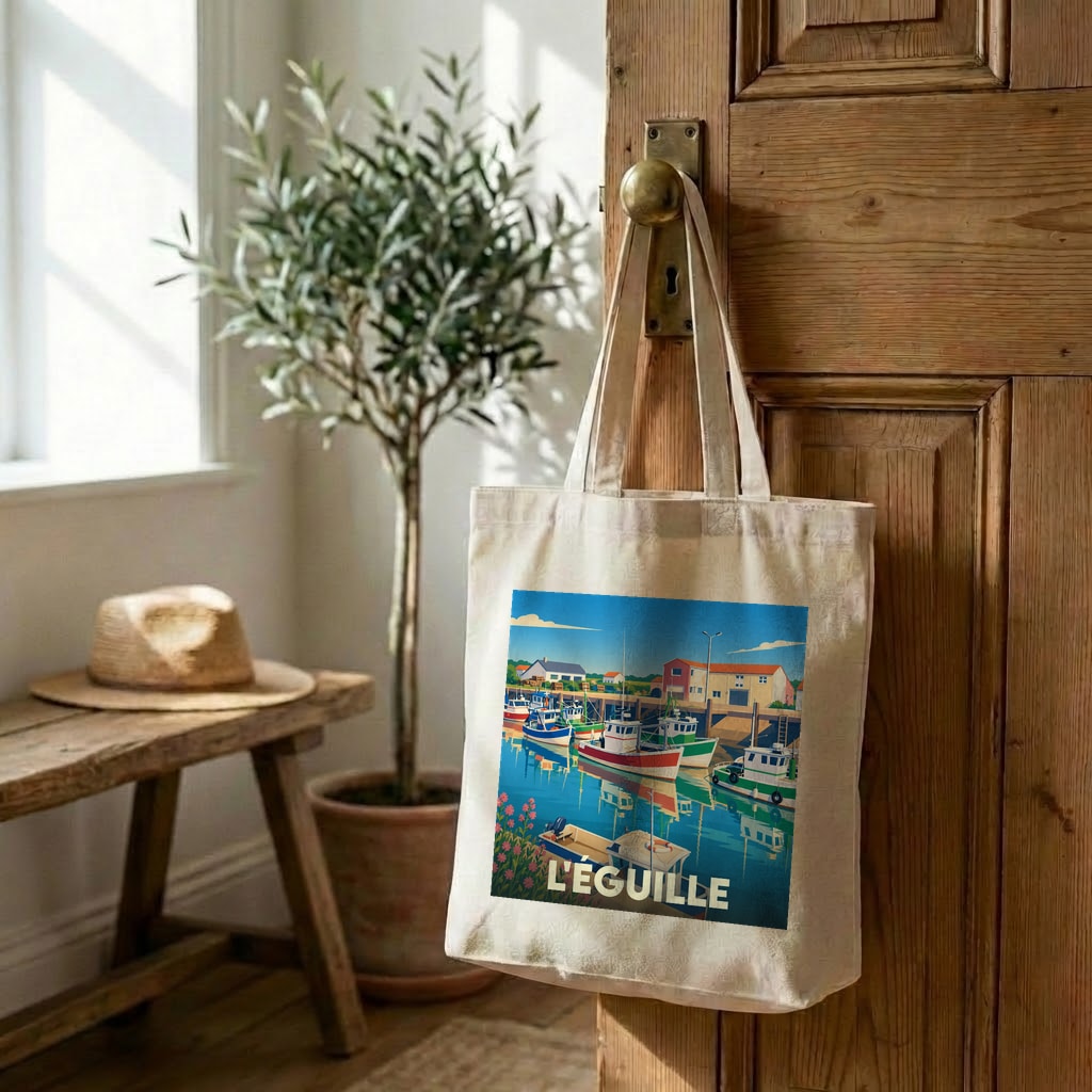 Tote bag souvenir de la ville de L'Éguille avec une illustration stylisée d'un port de pêche.